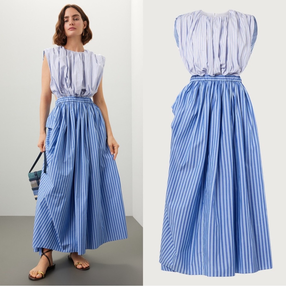 Blue Striped Maxi Dress with Gathered Waist